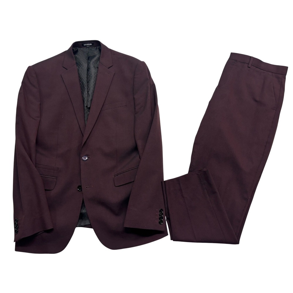 Express 40R 33x30 Eggplant 2pc Pant Suit Stretch Slim Wool Blend Flat Front